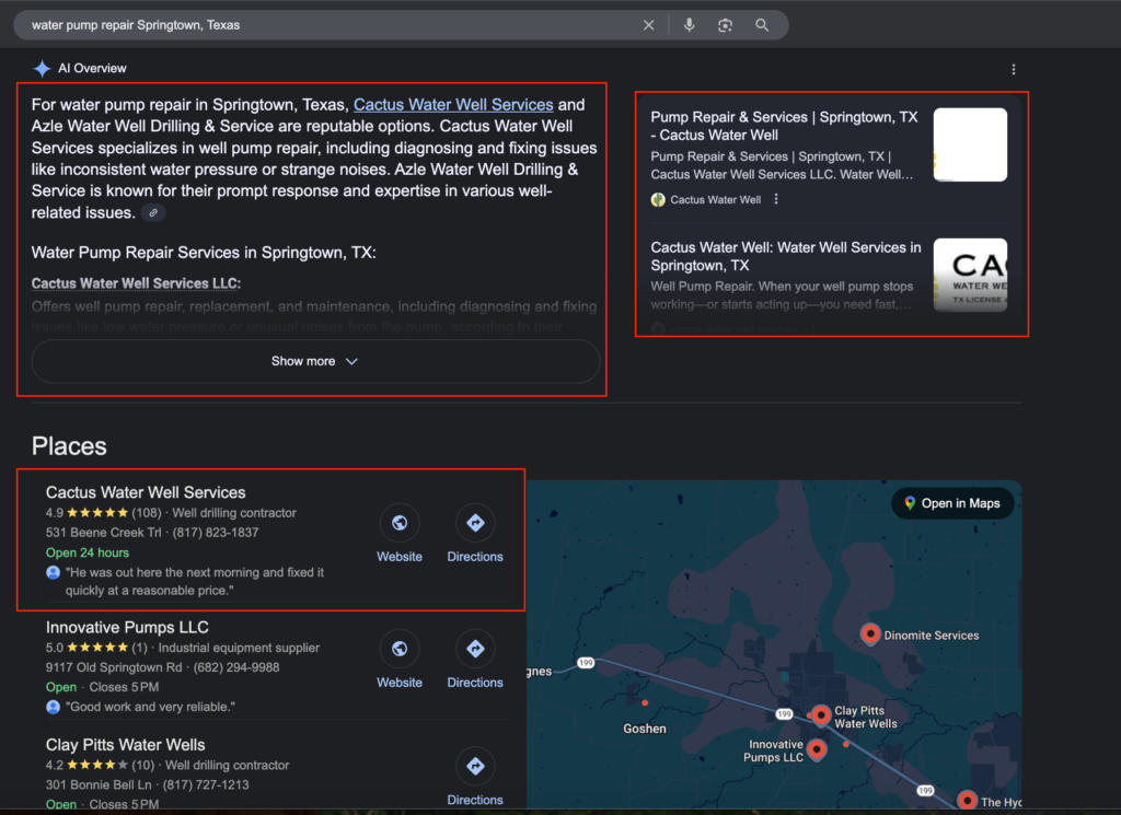 Screenshot of Google AI Overview Ranking and Map-Pack Ranking for Same Query