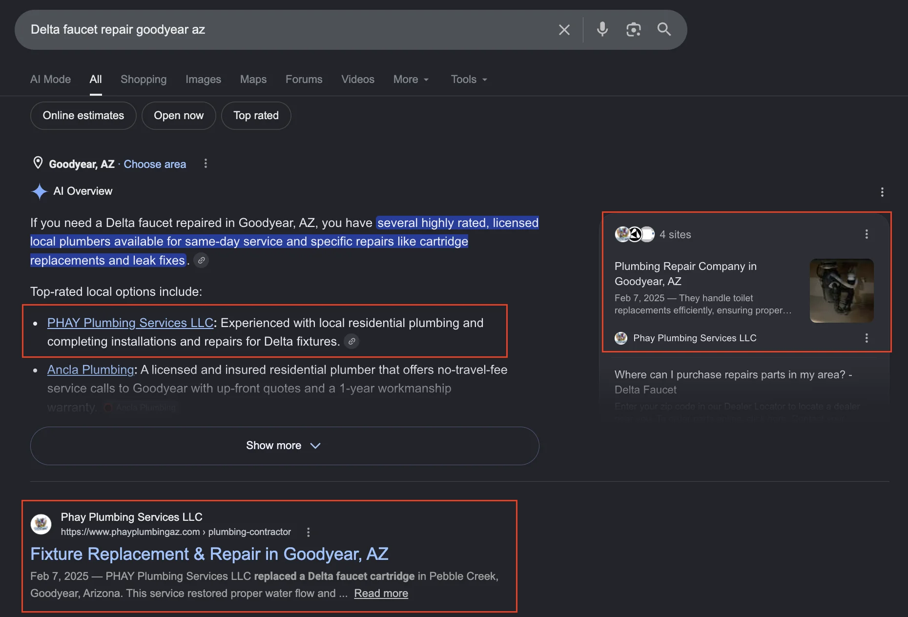 Google AI Overview and organic result for Delta faucet repair goodyear az showing Phay Plumbing Services LLC cited as a source and top-rated option