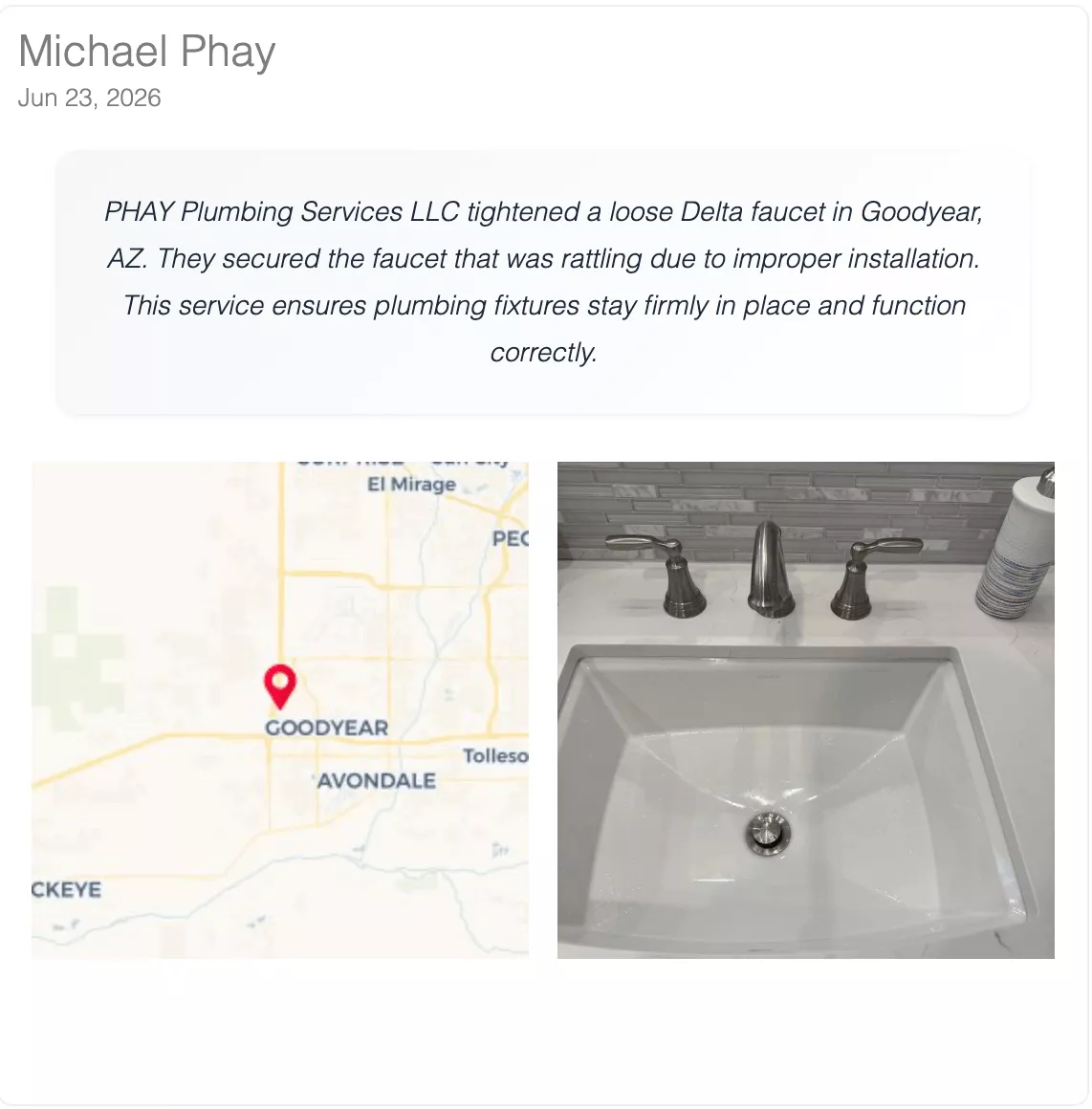 DataPins job check-in from June 23, 2026 showing a Delta faucet tightened in Goodyear, AZ with location map and photo