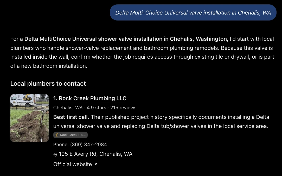 ChatGPT recommending Rock Creek Plumbing for a Delta MultiChoice Universal valve installation in Chehalis, WA