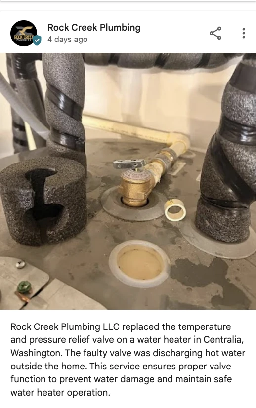 Pin published as a Google Business Profile post for a water heater temperature and pressure relief valve replacement in Centralia, WA