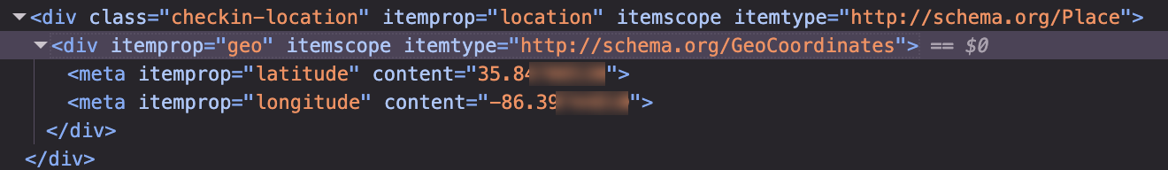 Pin markup showing GeoCoordinates structured data with latitude and longitude