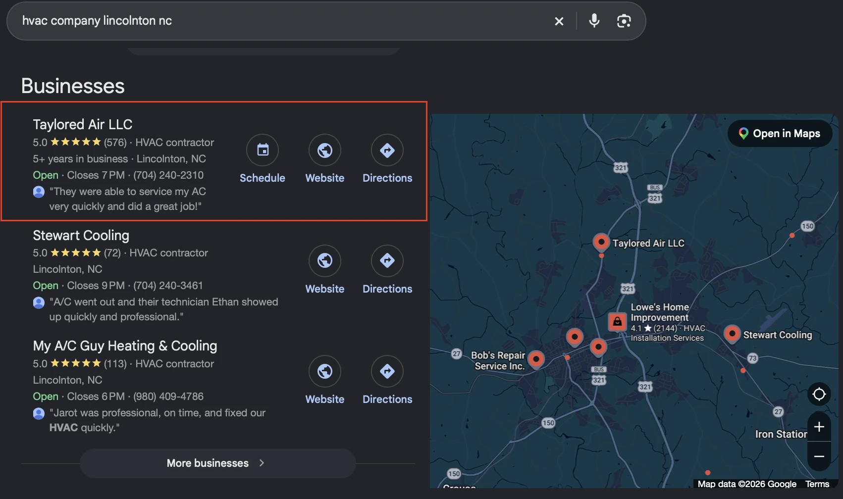 Google local results for hvac company lincolnton nc with Taylored Air in first position