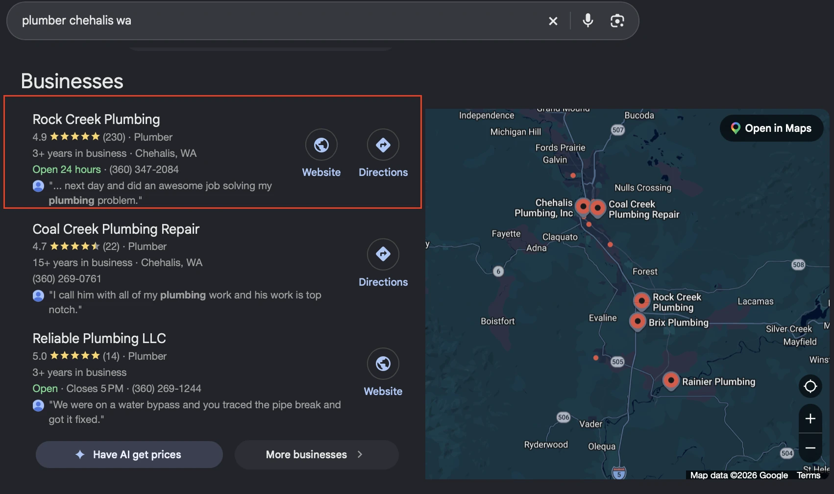 Google local results for plumber chehalis wa with Rock Creek Plumbing in first position