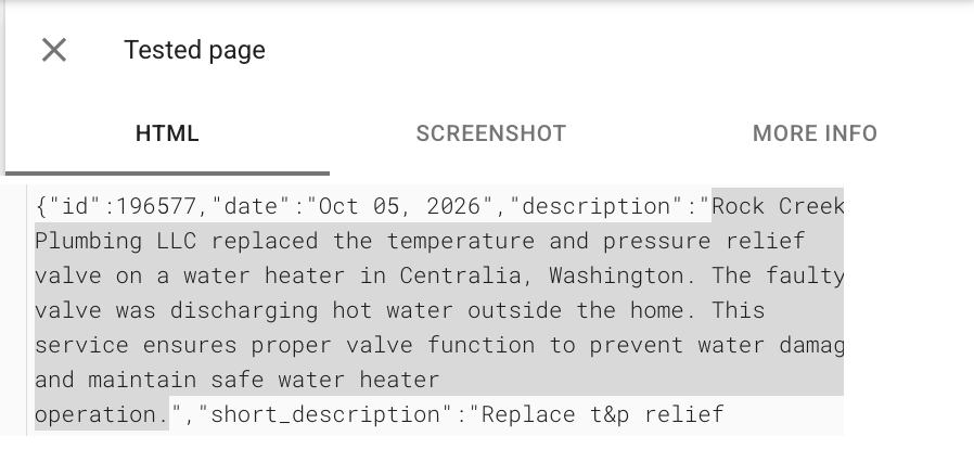 Google Rich Results Test HTML view showing a Pin job description in the rendered page code