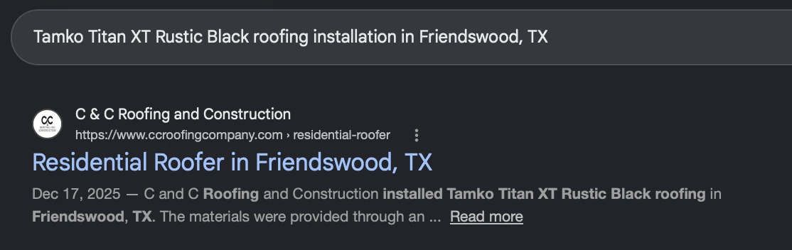 Google search result showing a Pin job description as the snippet for a Tamko Titan XT roofing installation query in Friendswood, TX