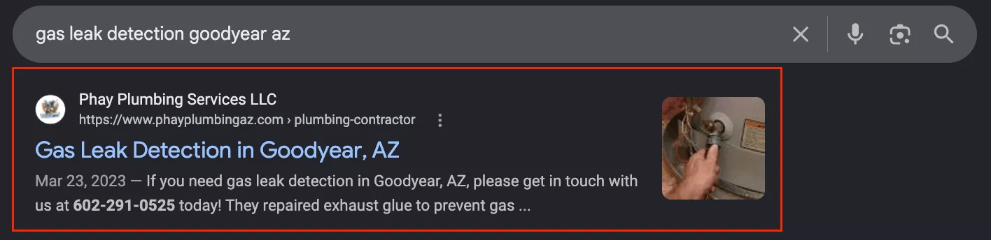 Organic search result for gas leak detection goodyear az showing a Phay Plumbing Services LLC service page