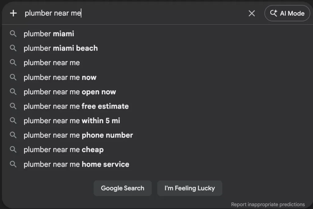 Screenshot of Google Auto-Suggest or Auto-Complete for Plumbing Query