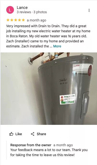 Screenshot of local plumbing business response to Google review