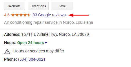 Screenshot of Google Reviews from Business Listing