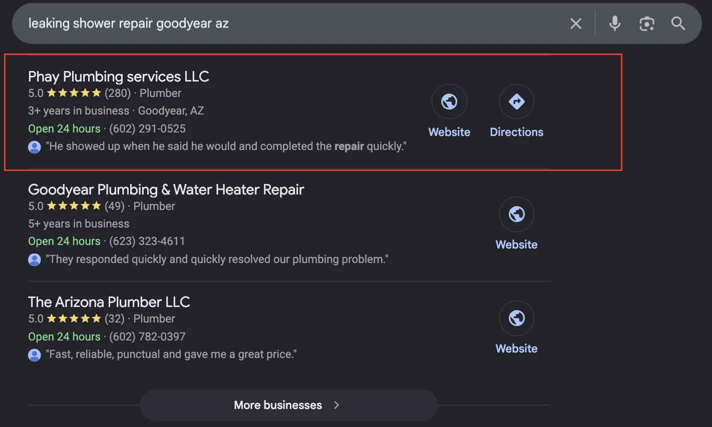 Google Maps local pack result for leaking shower repair goodyear az showing Phay Plumbing Services LLC ranked first