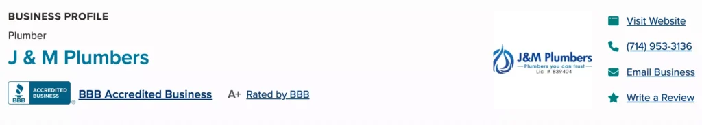 Local Plumbing Citation From Better Business Bureau