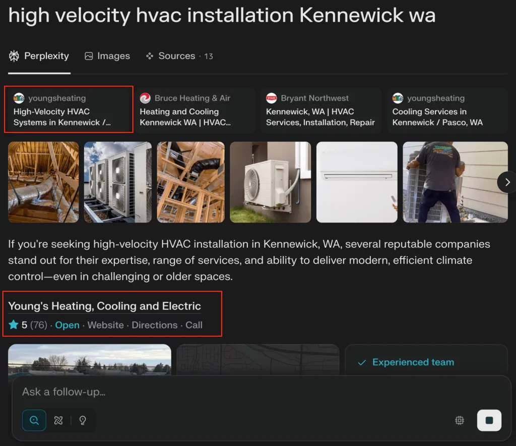 Perplexity AI Optimization HVAC Perplexity Optimization Example Showing HVAC Company Being Cited