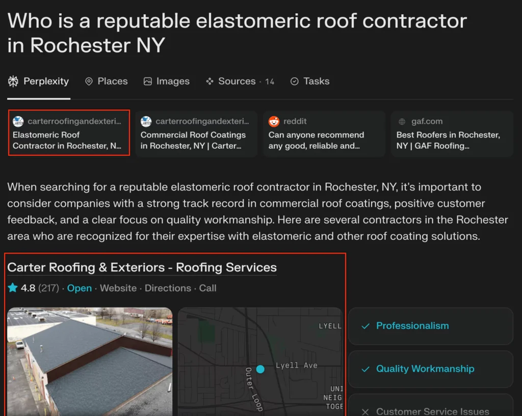 Perplexity AI Optimization Roofer Example of Perplexity Optimization Showing Local Roofer Being Cited