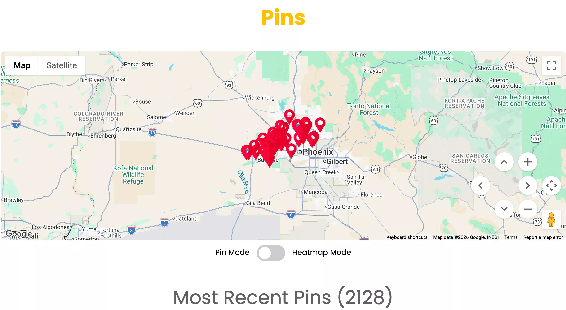 Map showing 2,128 DataPins job check-in pins clustered across the Phoenix metro, from Buckeye through Goodyear to Phoenix and Gilbert