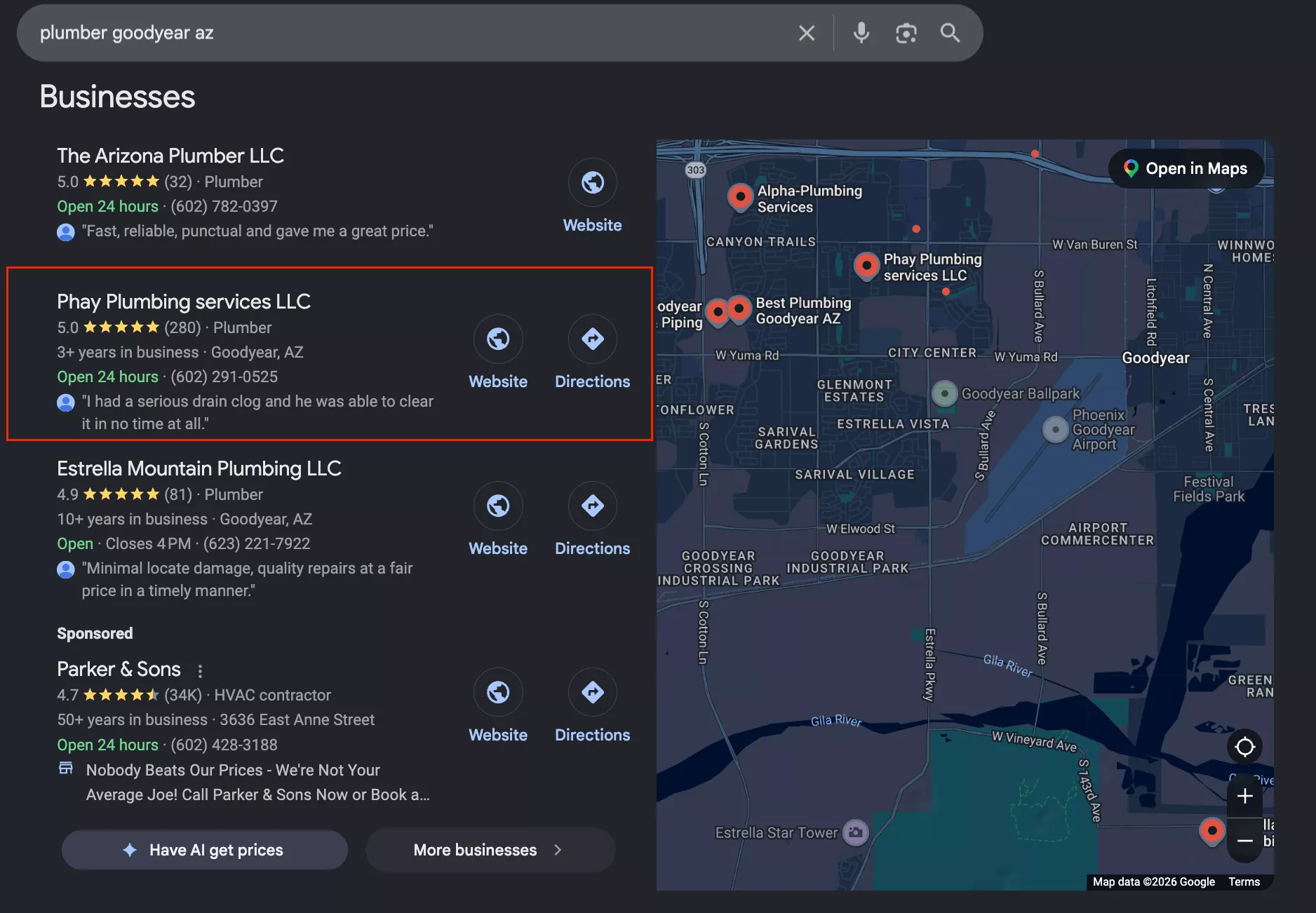 Google Maps business listing for plumber goodyear az showing Phay Plumbing Services LLC