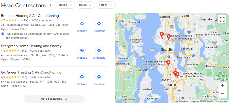 Seattle HVAC Company Map Result (Screenshot)