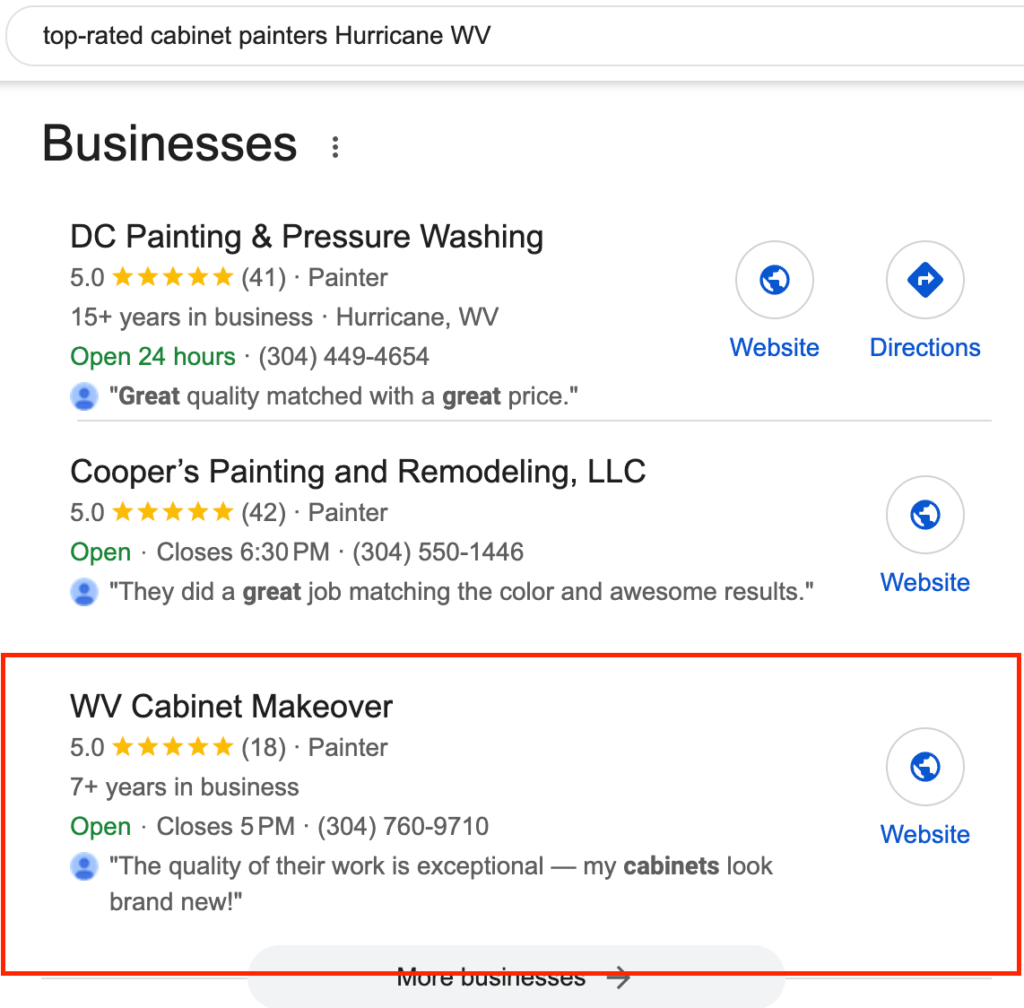 WV Map 3-Pack Ranking on Google